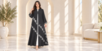Luna Elegance Open Abaya | Silver Lace Diagonal Pattern | Occasion Abaya UAE | AF1010