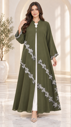 Luna Elegance Open Abaya | Silver Lace Diagonal Pattern | Occasion Abaya UAE | AF1010