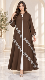 Luna Elegance Open Abaya | Silver Lace Diagonal Pattern | Occasion Abaya UAE | AF1010