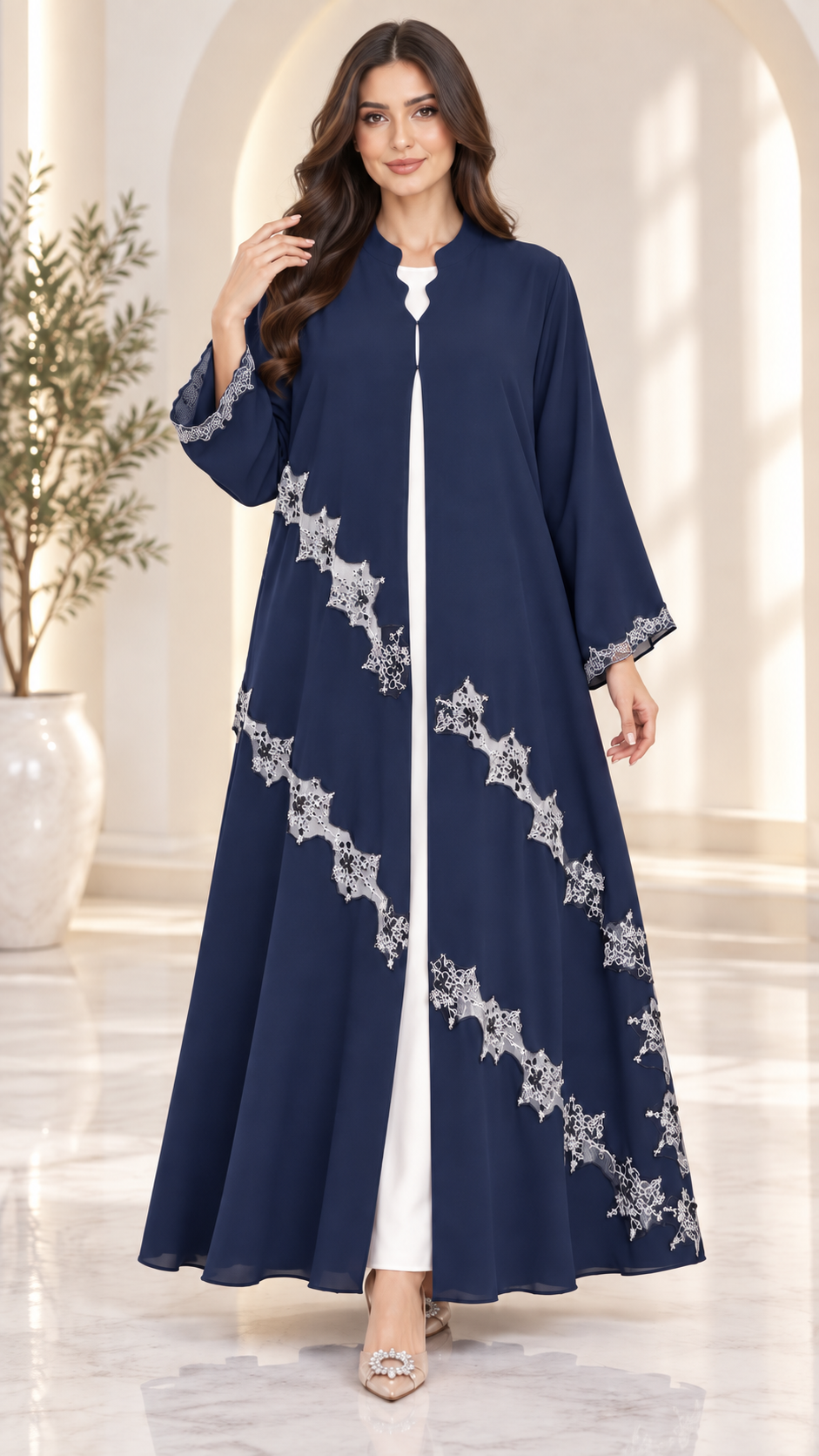 Luna Elegance Open Abaya | Silver Lace Diagonal Pattern | Occasion Abaya UAE | AF1010