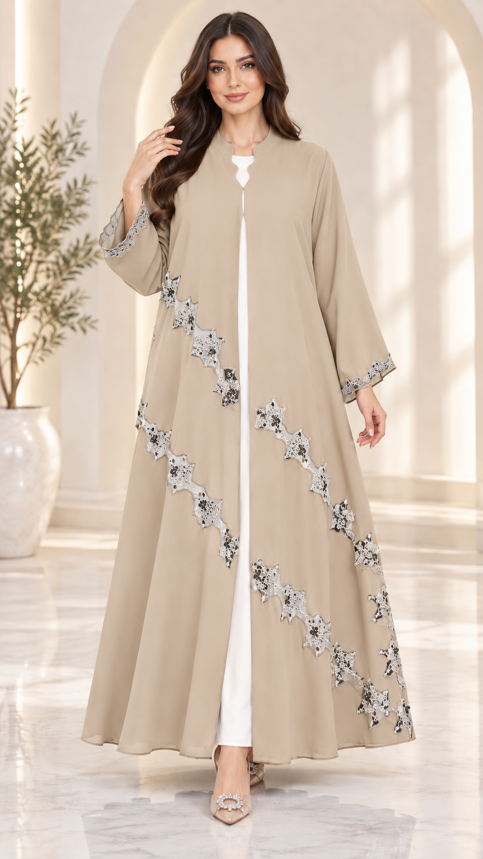 Luna Elegance Open Abaya | Silver Lace Diagonal Pattern | Occasion Abaya UAE | AF1010