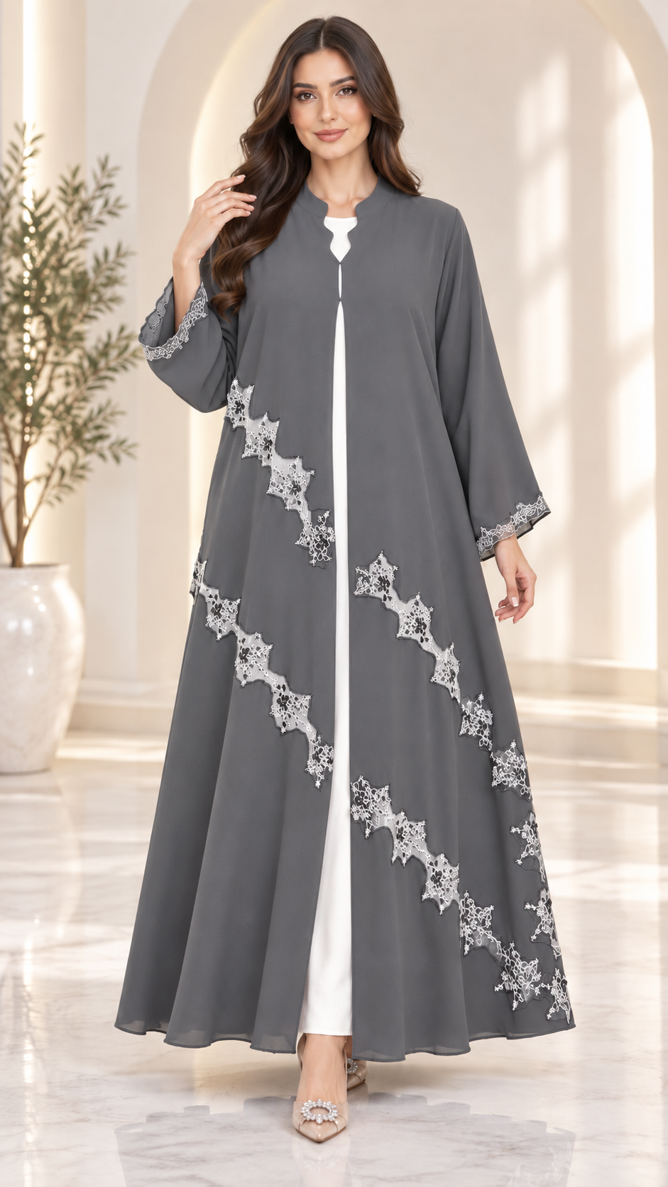 Luna Elegance Open Abaya | Silver Lace Diagonal Pattern | Occasion Abaya UAE | AF1010