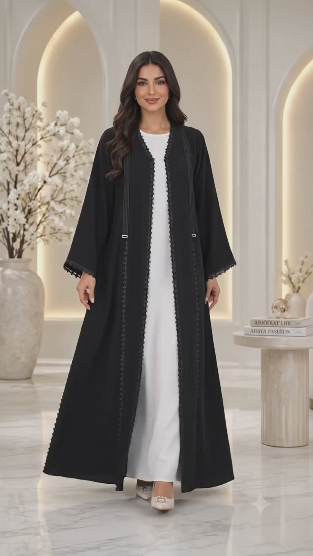Loop Trim Open Abaya | Nida Fabric | Everyday Modest Fashion UAE | AF1006