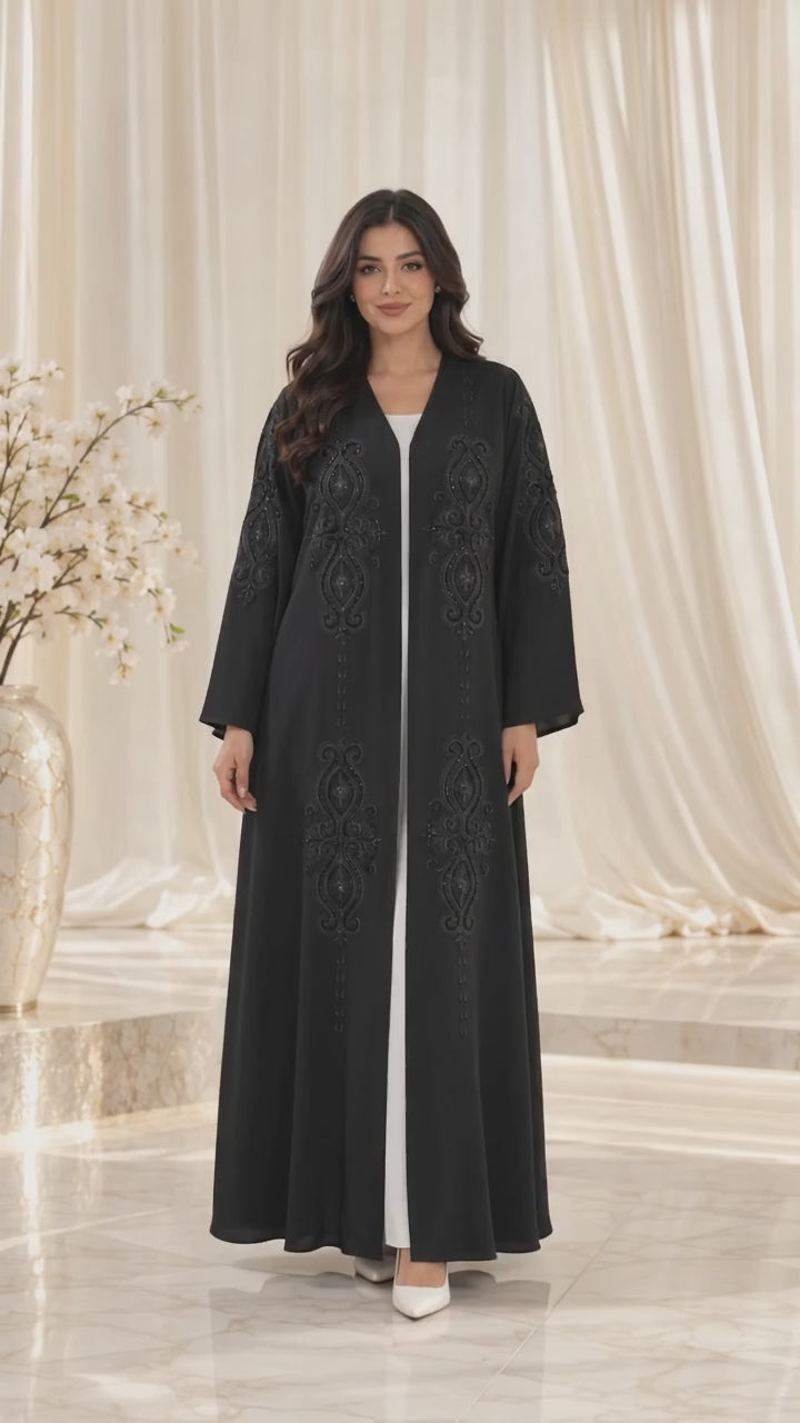 Tonal Ornamental Embroidered Open Abaya - AF1063 - Video