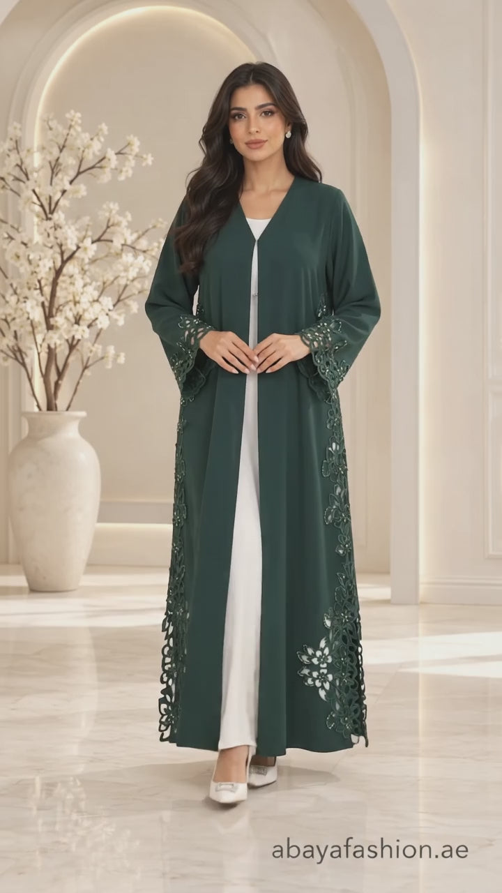 Emerald Floral Laser-Cut Open Abaya - AF1032