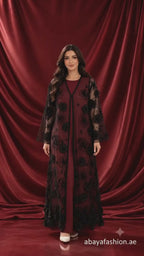 Organza Floral Beaded Sheer Black Open Abaya - AF1056 - Video