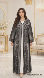 Floral Panel Embroidered Sheer Black Open Abaya - AF1049 - Video