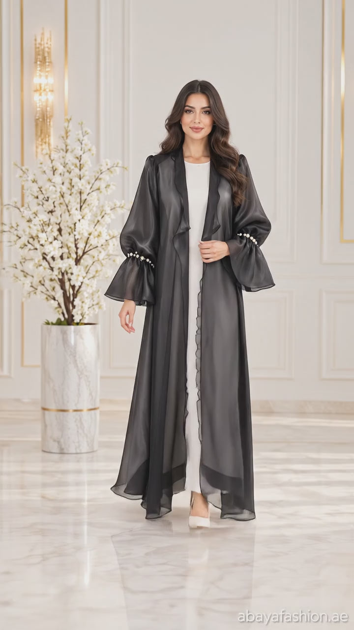 Charcoal Organza Ruffle Beaded Open Abaya - AF1030