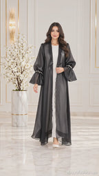 Charcoal Organza Ruffle Beaded Open Abaya - AF1030