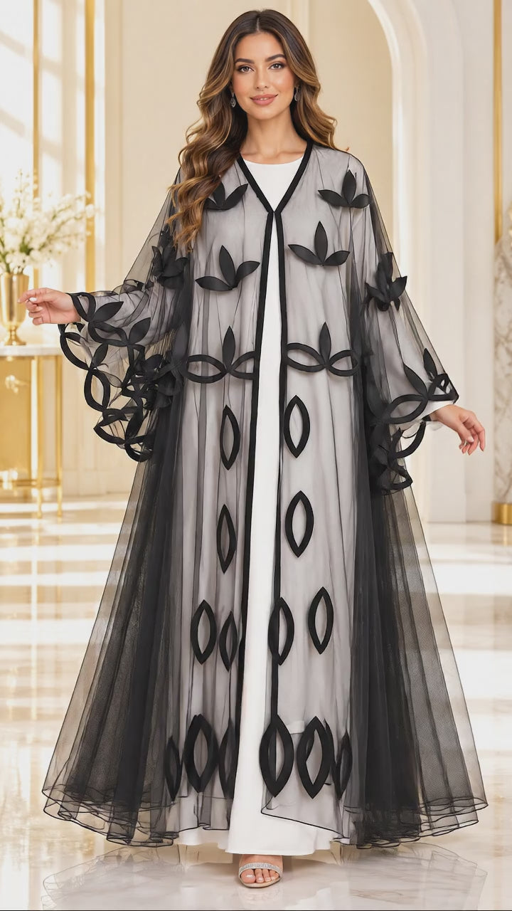 Laser-Cut Satin Floral Sheer Umbrella Open Abaya - AF1047 - Video