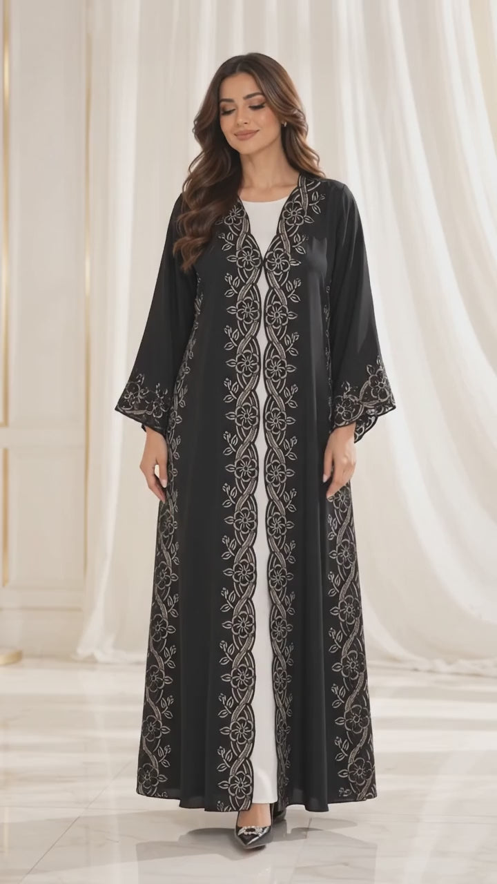 Floral Lattice Border Open Abaya - AF1064 - Video
