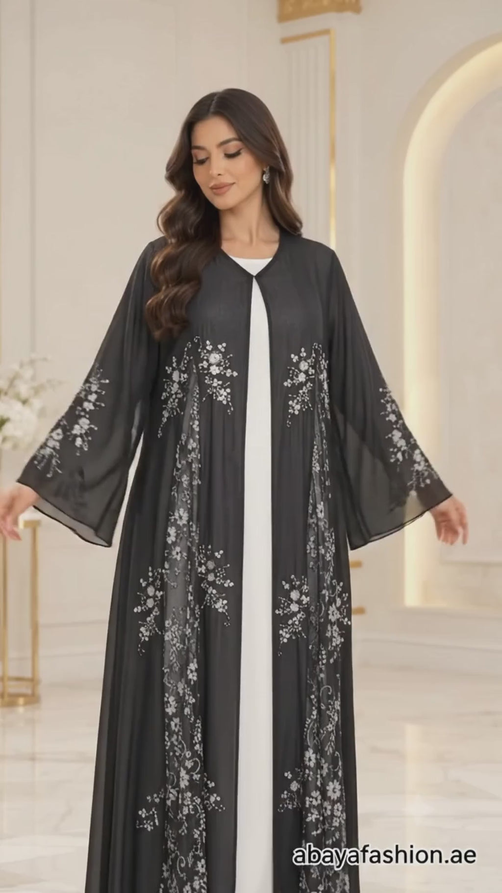Silver Floral Dantel Joree Black Open Abaya - AF1050 - Video