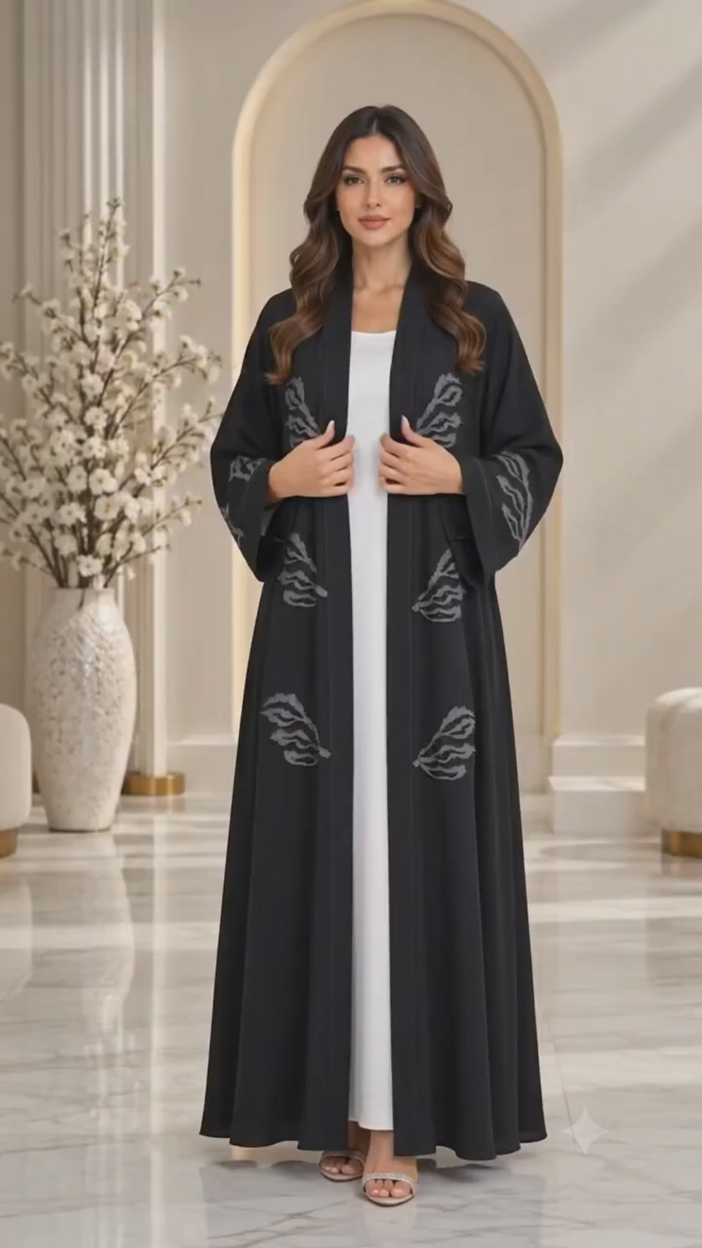 Midnight Leaf Black Open Abaya | Grey Leaf Embellishment | Luxury Modest Wear UAE | AF1012