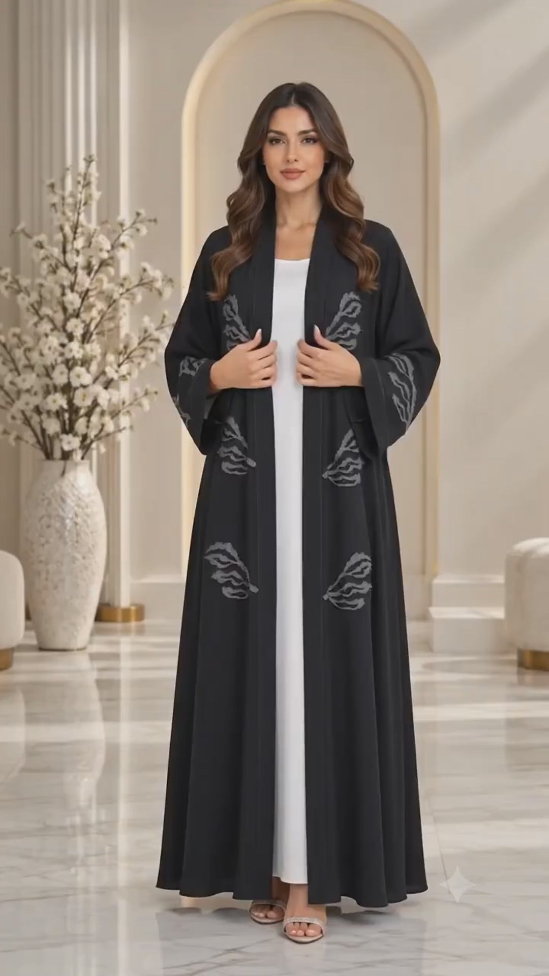 Midnight Leaf Black Open Abaya | Grey Leaf Embellishment | Luxury Modest Wear UAE | AF1012