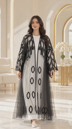 Satin Leaf-Motif Sheer Umbrella Open Abaya - AF1046 - Video