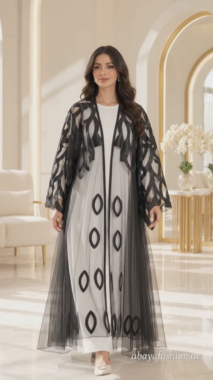 Satin Leaf-Motif Sheer Umbrella Open Abaya - AF1046 - Video