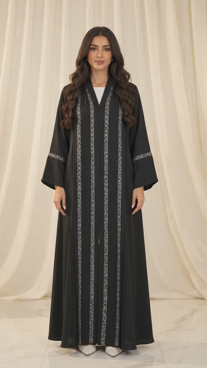 Silver Geometric Stripe Open Abaya - AF1067 - Video