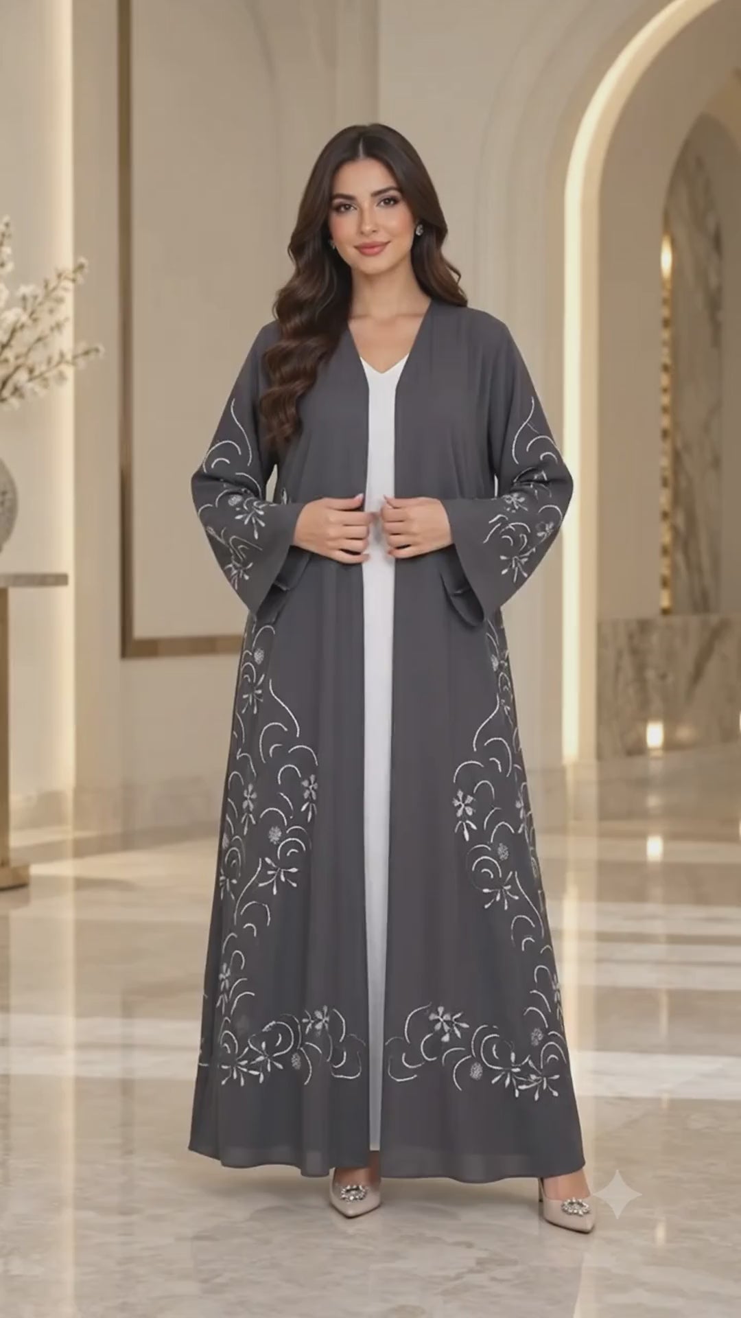 Crystal Vine Embellished Open Abaya | Stone & Embroidery | Special Occasion Abaya UAE | AF1004