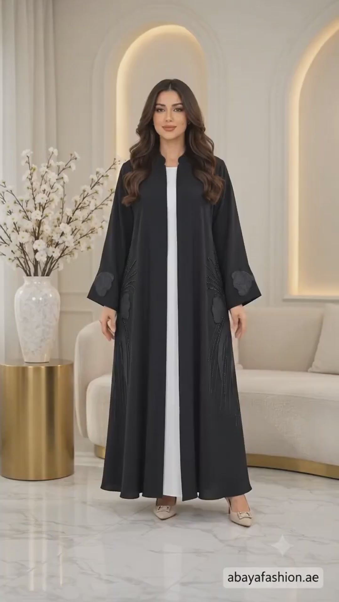 Luxe Bow Appliqué Black Open Abaya | Tonal Embellishment | Evening Abaya UAE | AF1013
