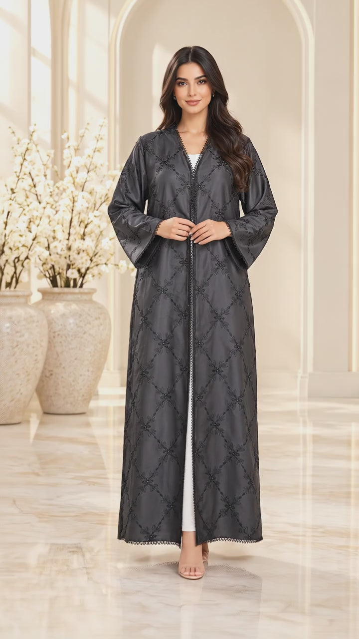 Diamond Floral Embellished Black Open Abaya - AF1040 - Video