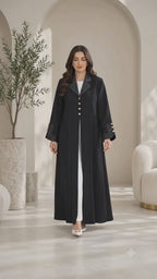 Contrast Stitch Lapel Abaya with Gold Buttons | Nida Fabric | Workwear Abaya UAE | AF1002