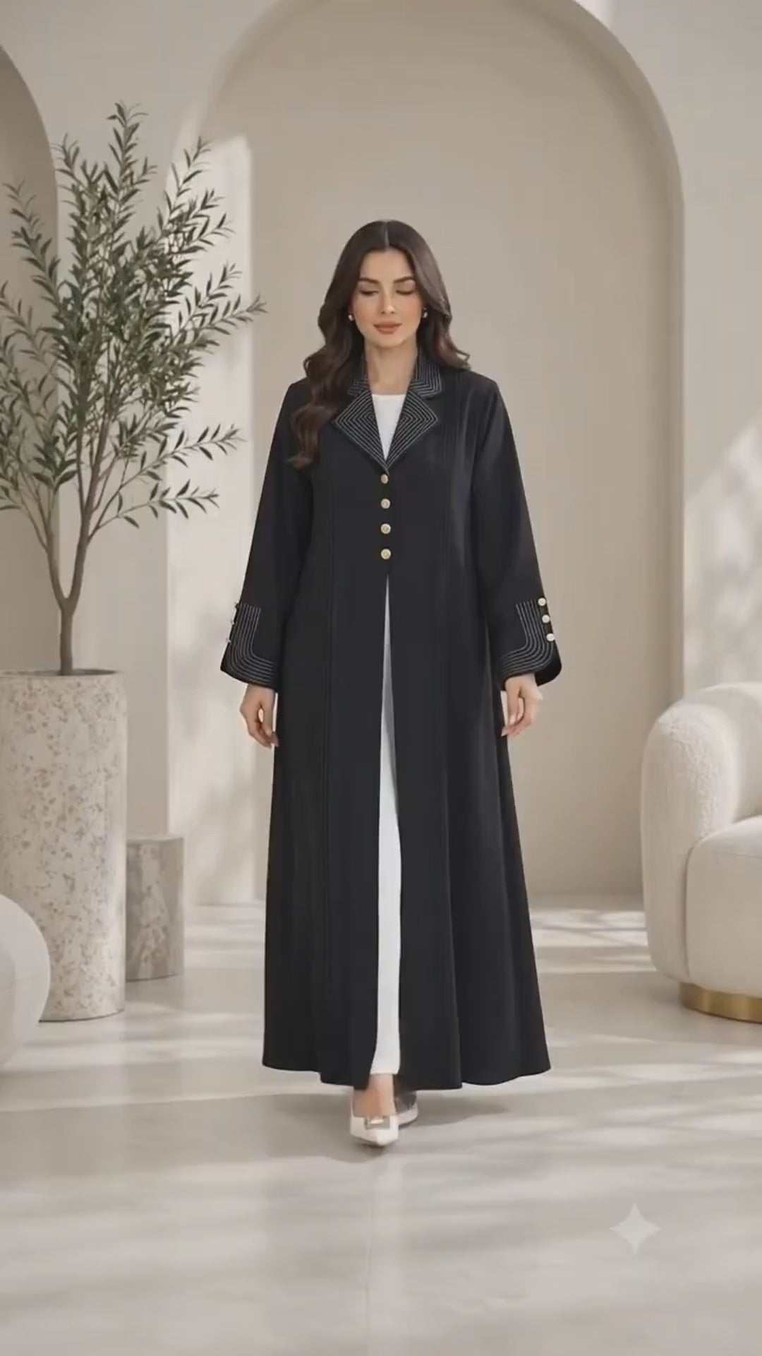 Contrast Stitch Lapel Abaya with Gold Buttons | Nida Fabric | Workwear Abaya UAE | AF1002