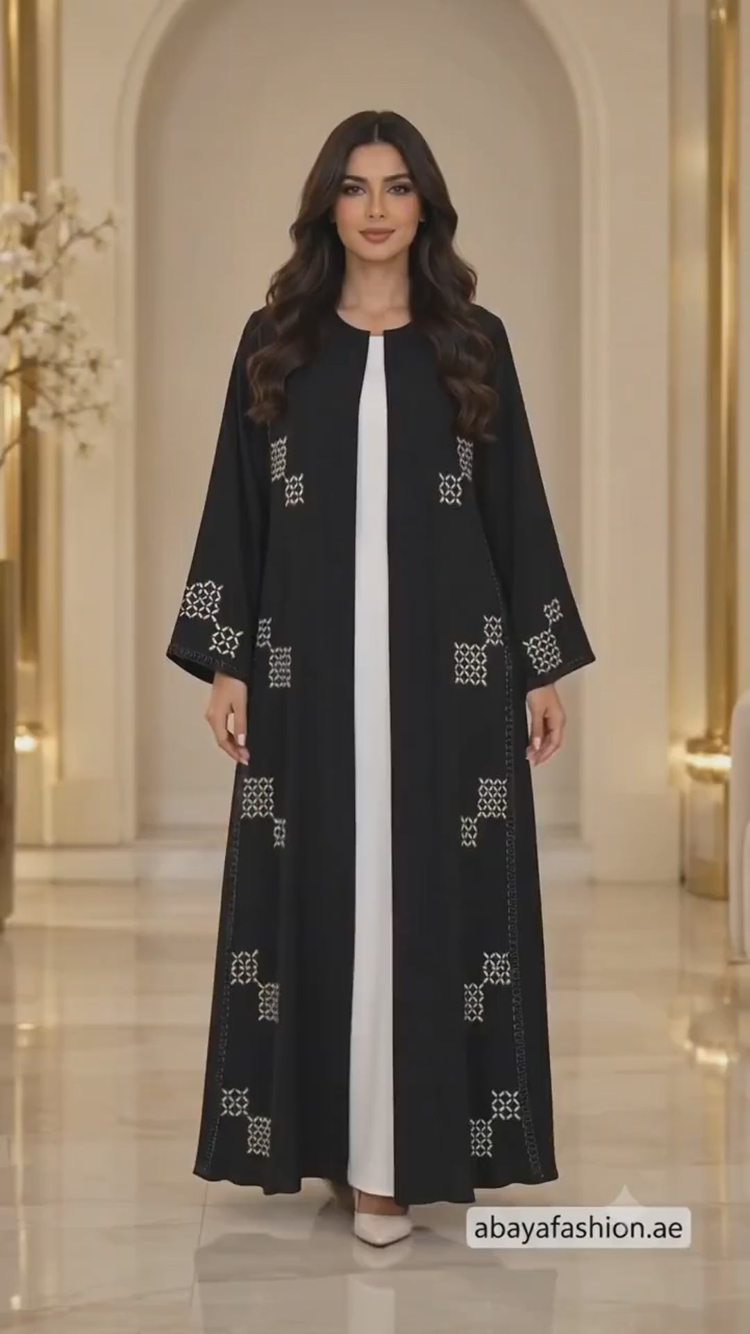 Geometric Crystal Embellished Black Open Abaya | Matching Sheila | Evening Wear UAE | AF1015