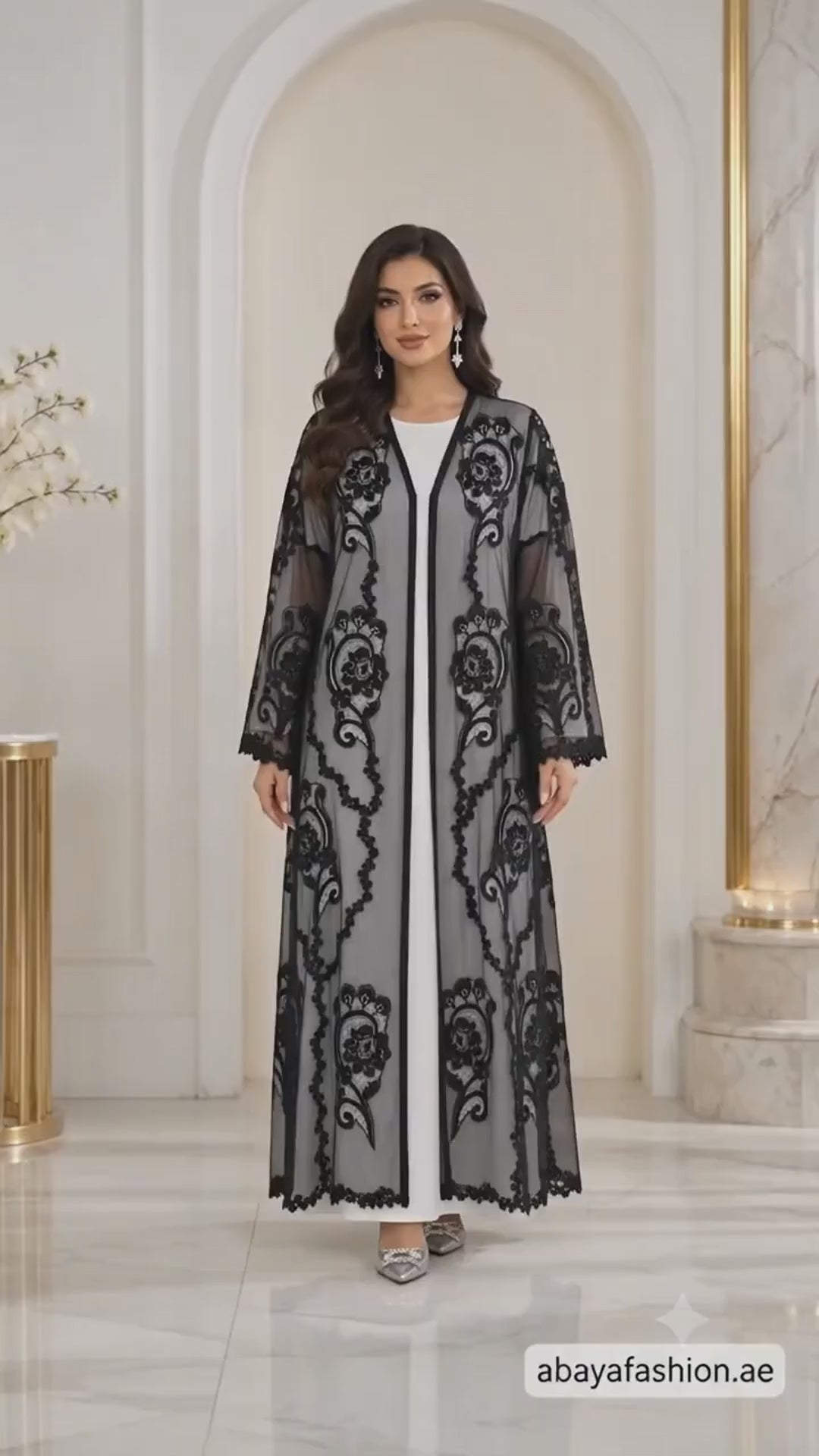 Shaadi Black Floral Net Embellished Abaya - AF1021