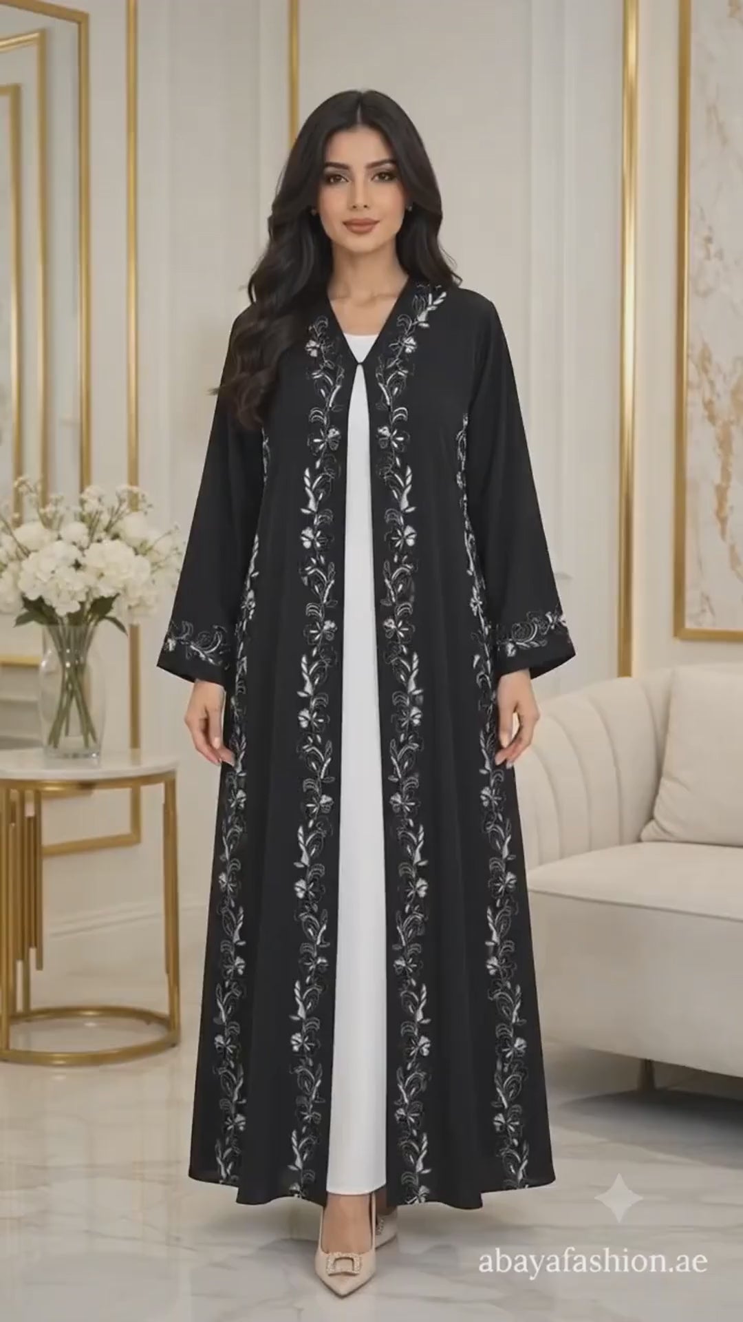 Silver Floral Embroidered Black Open Abaya | Nida PEB | Elegant Modest Wear UAE | AF1018