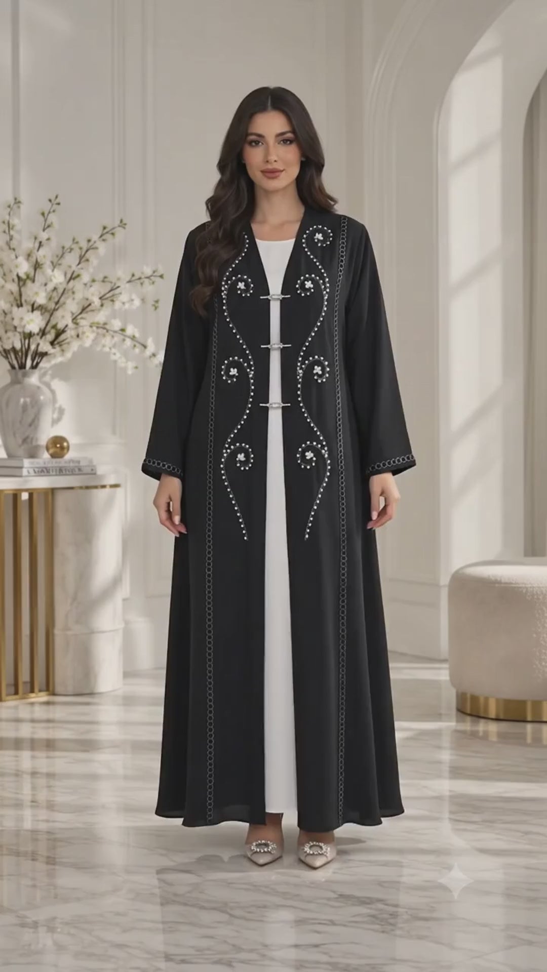 Crystal Vine Lace & Bead Open Abaya | Metallic Clasp Detail | Luxury Abaya UAE | AF1005
