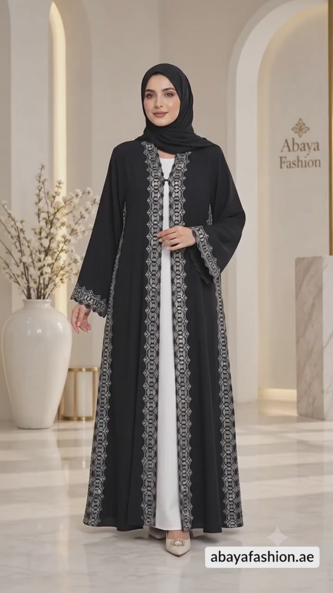 Luxury Black Open Abaya | Silver Trim & Beadwork | Matching Sheila | Occasion Wear UAE | AF1017