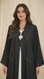 Sculpted Floral Neckline Open Abaya - AF1068 - Video