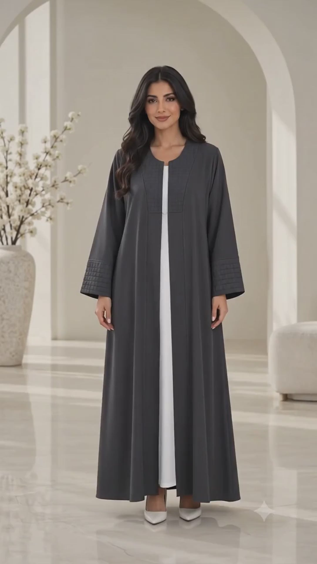 Layali Modern Open Abaya | Square Pattern Detail | Nida PEB | Everyday Abaya UAE | AF1009