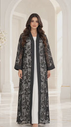 All-Over Rose Organza Dantel Black Open Abaya - AF1061 - Video