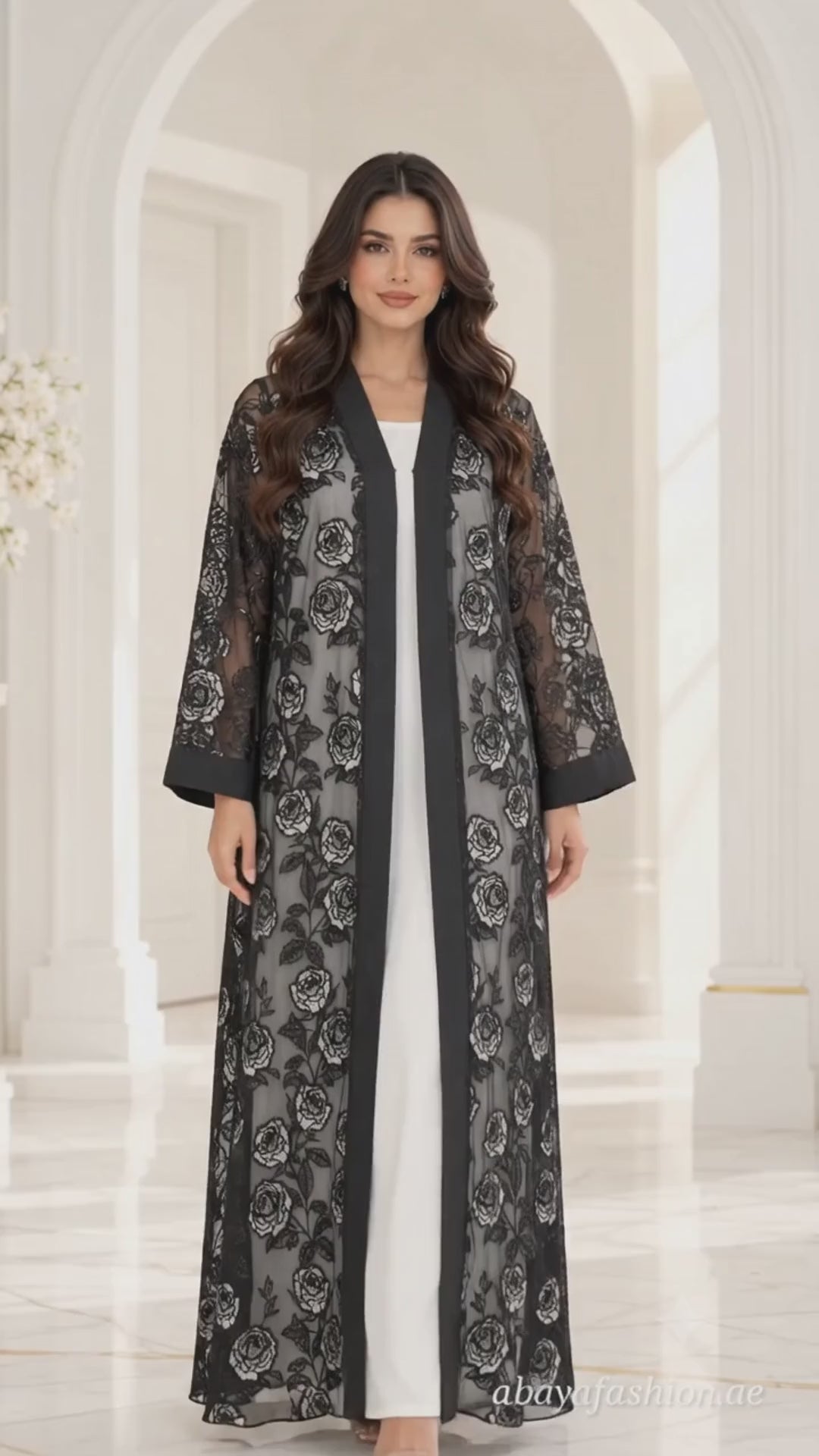 All-Over Rose Organza Dantel Black Open Abaya - AF1061 - Video