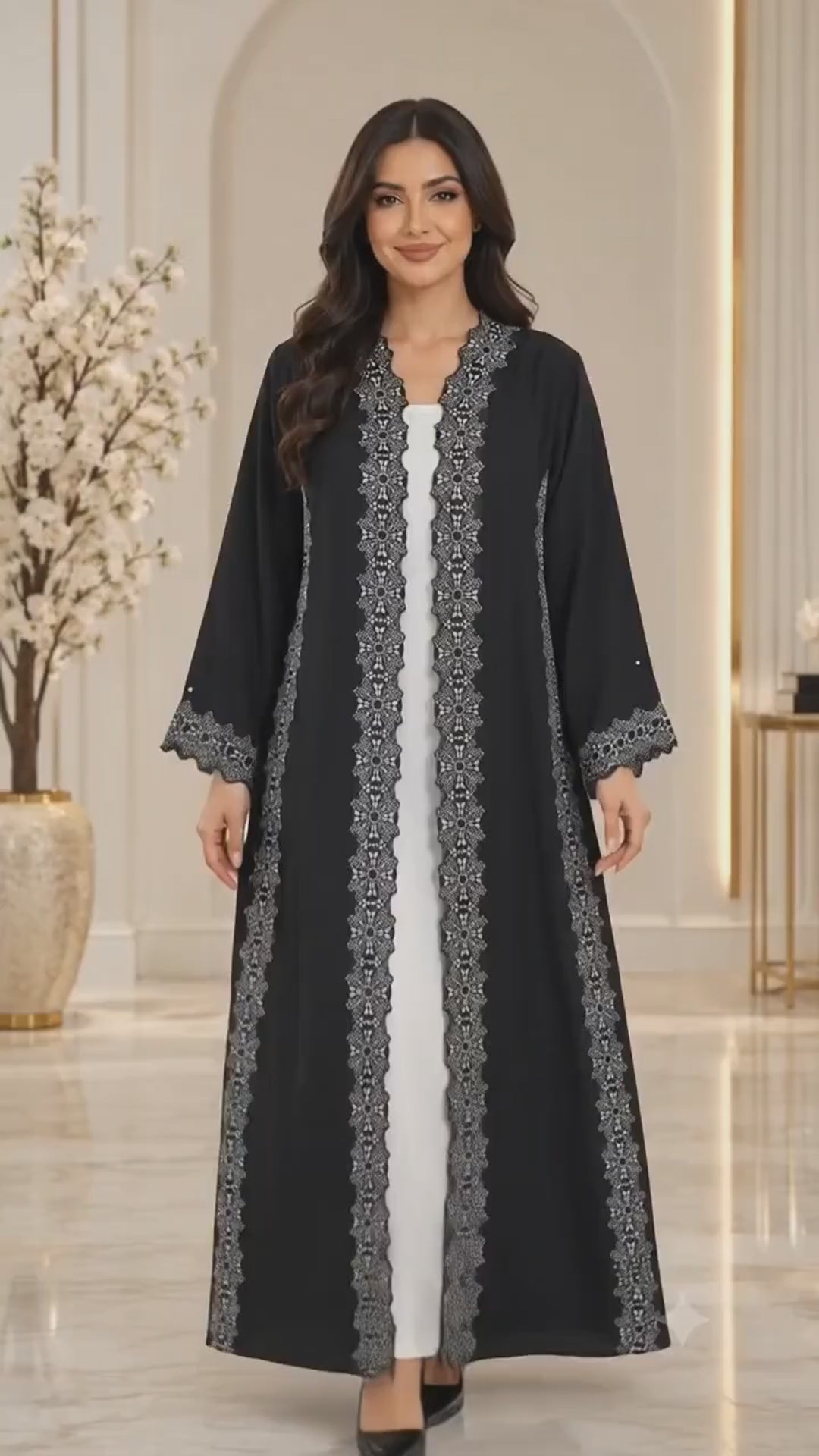 Black Floral Lace Open Abaya – AF1011