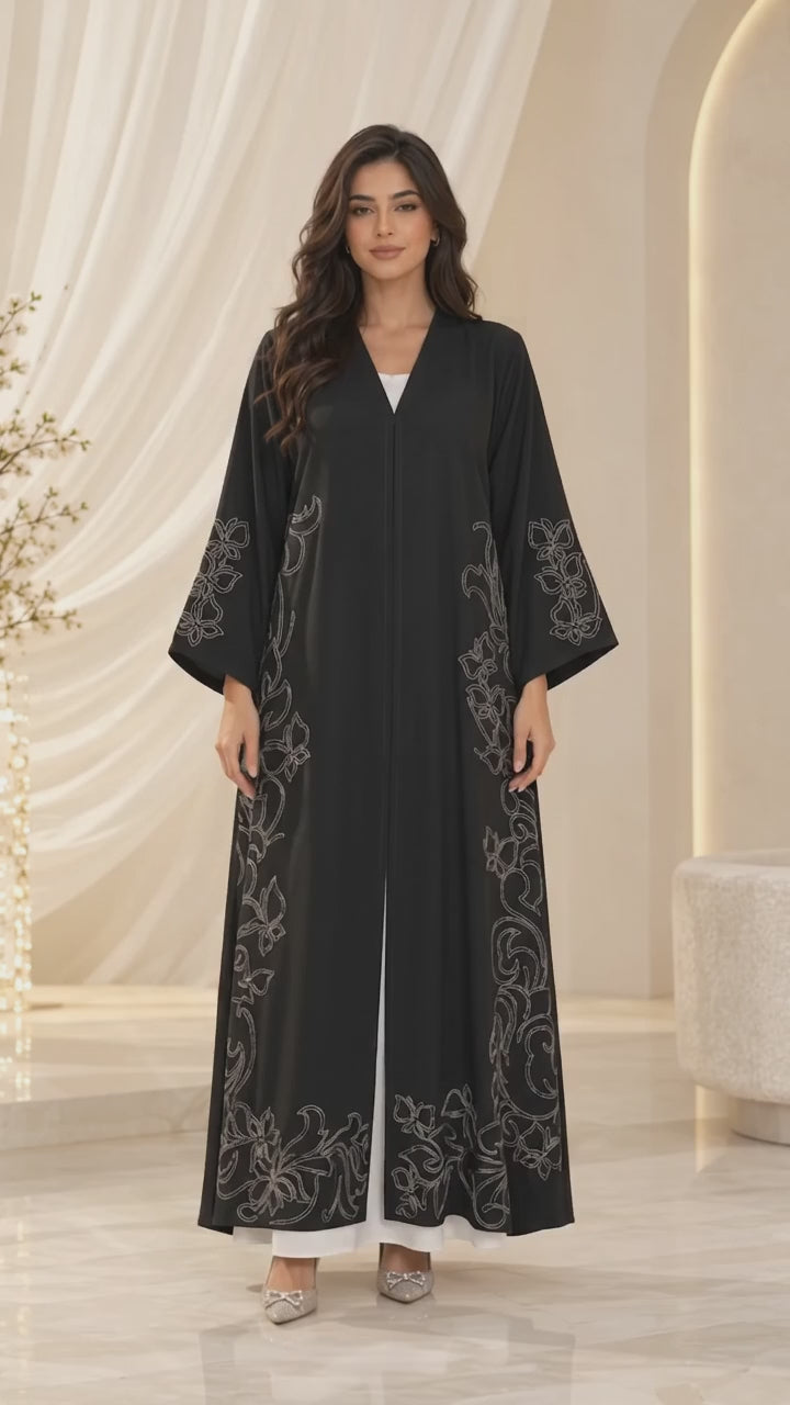 Floral Scroll Border Open Abaya - AF1070 - Video