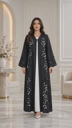Elegant Black Open Abaya | Floral Lace & Cutwork | Bridal Satin | Special Occasion UAE | AF1014