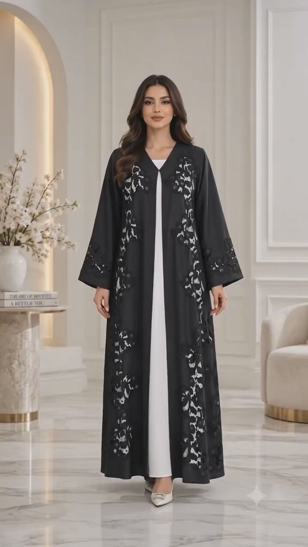 Elegant Black Open Abaya | Floral Lace & Cutwork | Bridal Satin | Special Occasion UAE | AF1014