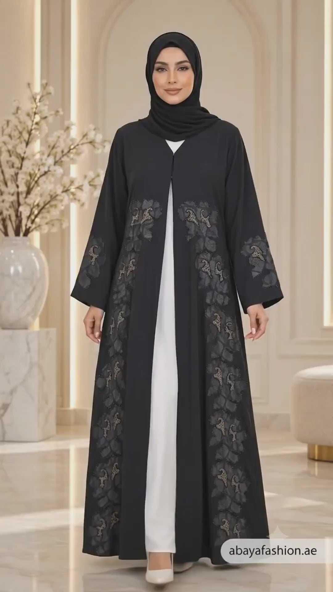 Midnight Bloom Black Open Abaya | Gold Accent & Beadwork | Tonal Floral | Luxury UAE | AF1016