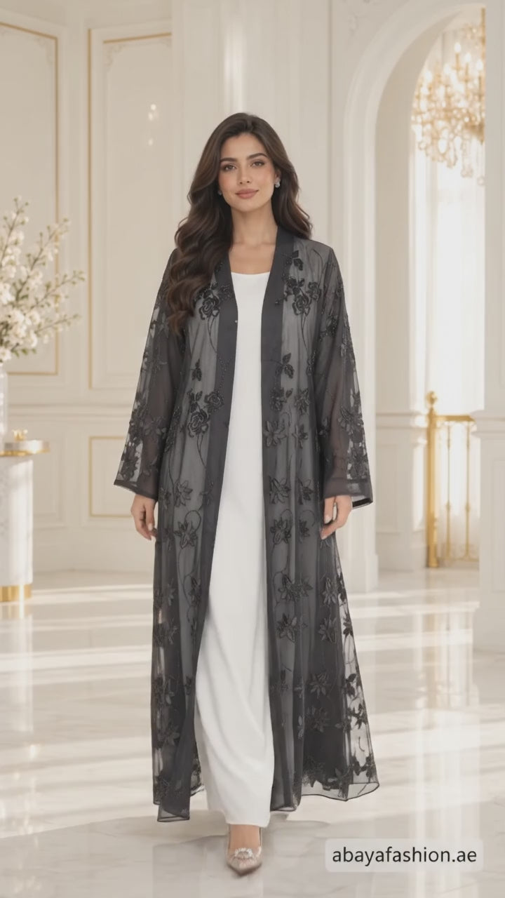 Sheer Floral Scalloped-Hem Black Open Abaya - AF1042 - Video