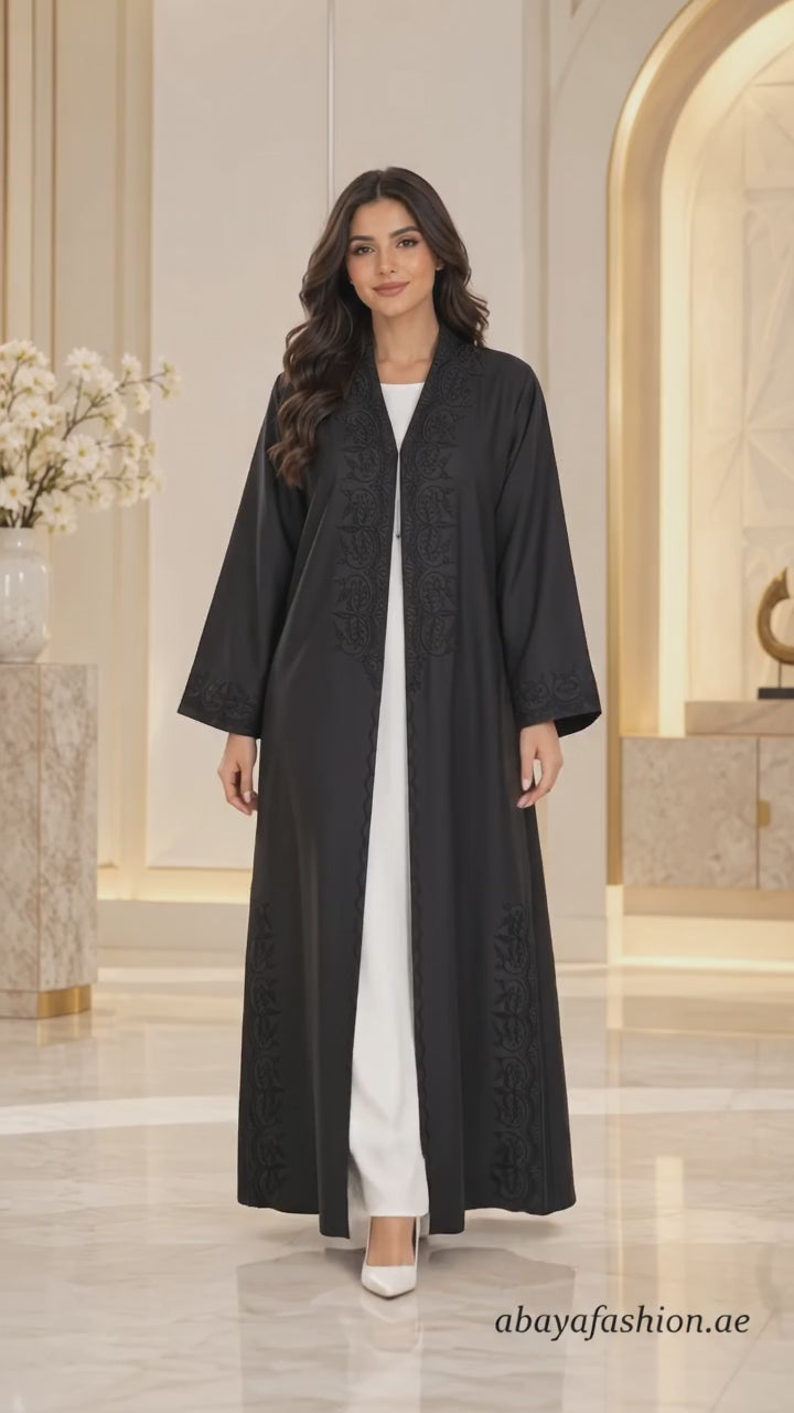 Tonal Paisley Kotte Dori Black Open Abaya - AF1036