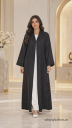 Tonal Paisley Kotte Dori Black Open Abaya - AF1036