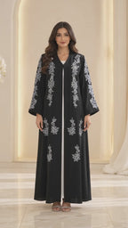 Silver Floral Cascade Open Abaya - AF1069 - Video