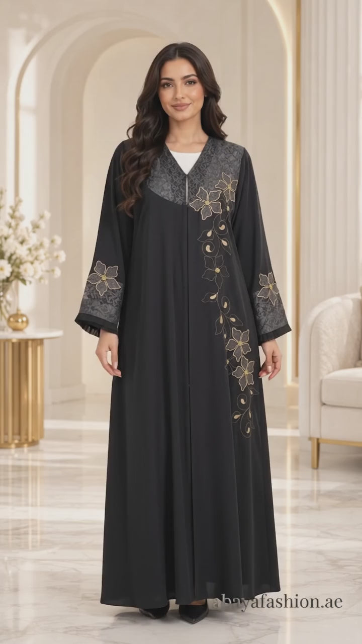 Golden Floral Lace Embroidered Abaya - AF1026