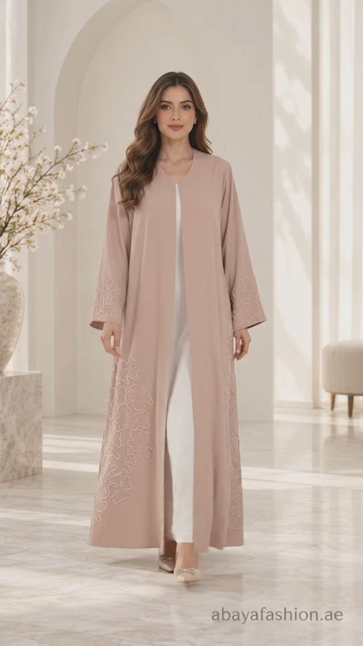 Blush Beige Floral Outline Embellished Open Abaya - AF1028