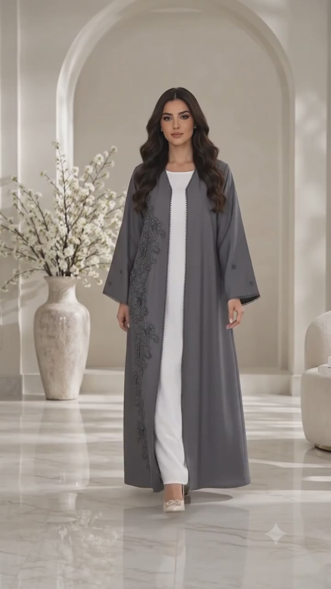 Paisley Lace & Bead Embellished Open Abaya | Bridal Satin | Luxury Modest Wear UAE | AF1003
