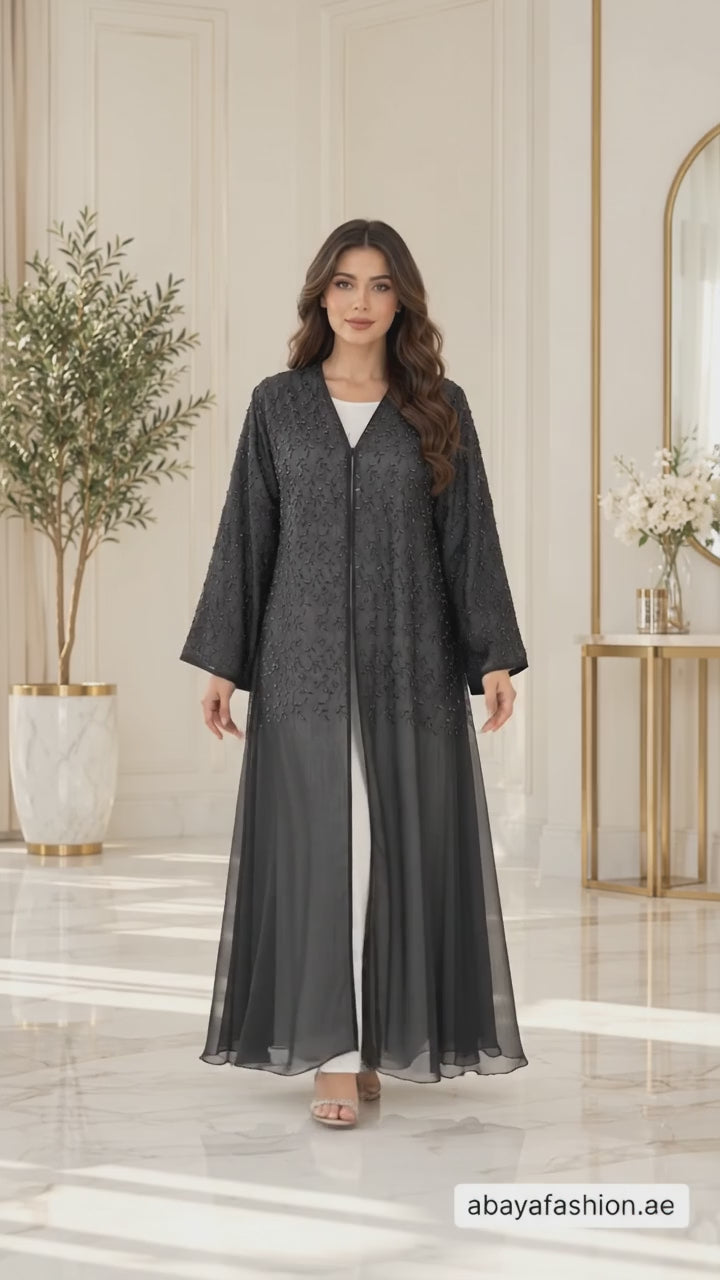 Tonal Floral Embroidered Organza Open Abaya - AF1043 - Video