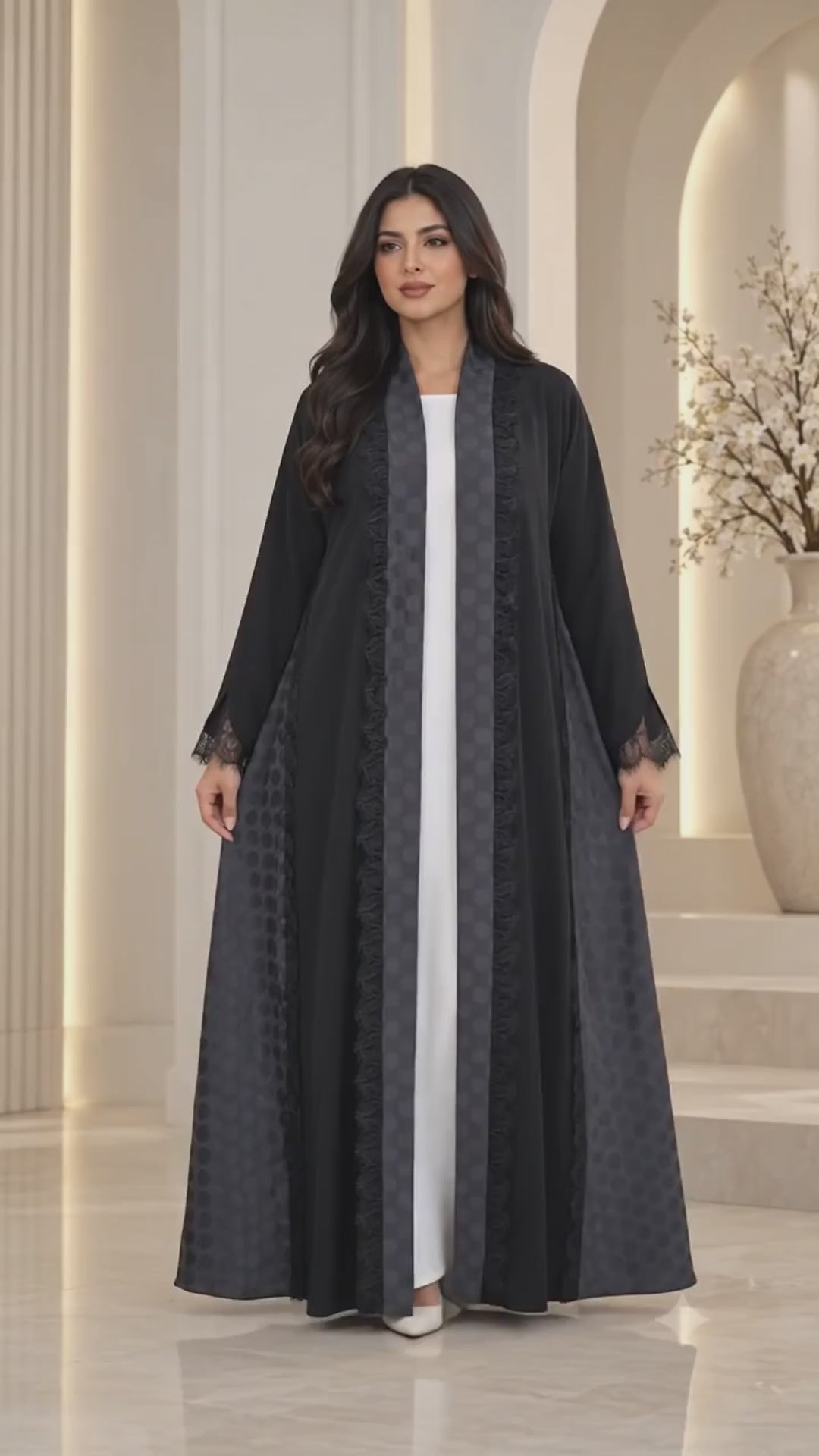Elegant Flared Open Abaya | Nida PEB with Dantel & Lace | Premium Abaya UAE | AF1008