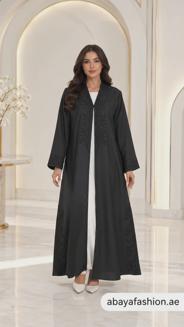 Midnight Paisley Embroidered Side-Slit Abaya - AF1025